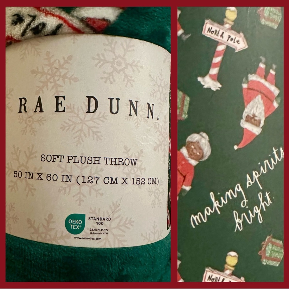 Black Santa Rae Dunn Soft Plush Throw blanket Green Christmas North Pole NEW